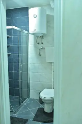 a bathroom with a toilet and a shower at Apartman Bazar in Smederevo
