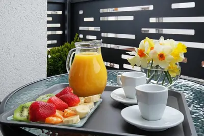 a tray of fruit and a pitcher of orange juice at Central SPA Galaxy Apartment in Belgrade