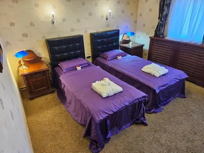 two beds in a room with purple sheets at Vila Geppetto in Belgrade