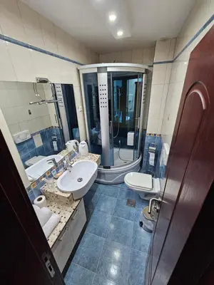 a large bathroom with two sinks and a shower at Vila Geppetto in Belgrade