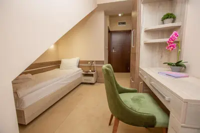 a bedroom with a bed and a desk and a chair at HARIZMA 013 in Kovin