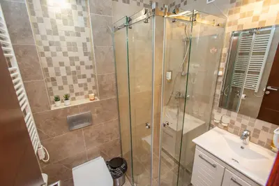 a bathroom with a shower and a toilet and a sink at HARIZMA 013 in Kovin