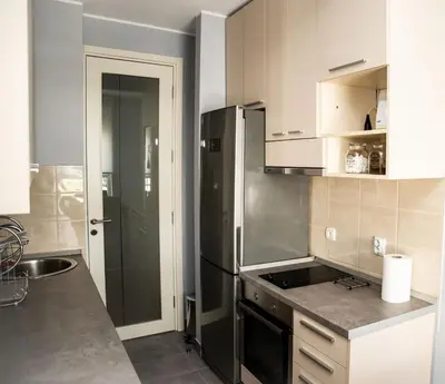 a kitchen with a refrigerator and a sink at Apartman Tea Belville in Belgrade