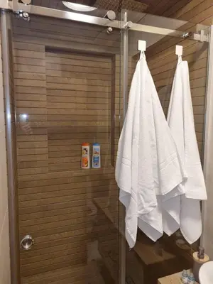 a shower with white towels on a glass door at Apartment Nusic residence in Belgrade