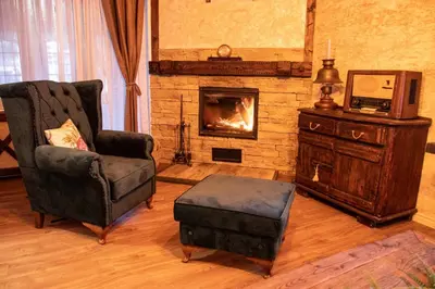a living room with a chair and a fireplace at Vila Aleksić in Smederevo