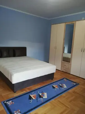 a bedroom with a bed and a blue rug at Alex-Branka apartments in Zemun