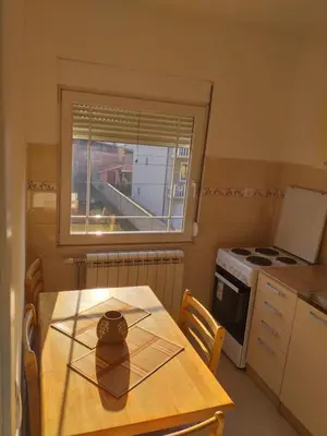 a kitchen with a wooden table and a window at Alex-Branka apartments in Zemun