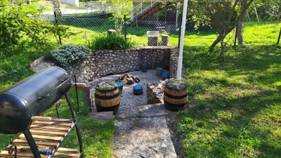 a dog laying in a yard next to a fire pit at Šumski Raj- Forest Paradise in Velika Remeta