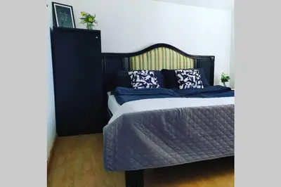 a bed with a black headboard and pillows on it at Šumski Raj- Forest Paradise in Velika Remeta