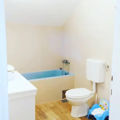 a bathroom with a toilet and a bath tub at Šumski Raj- Forest Paradise in Velika Remeta