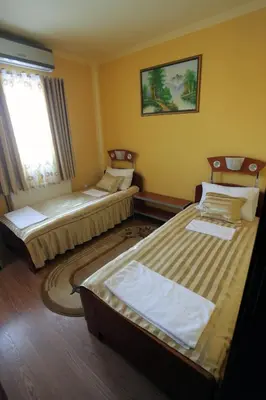 two beds in a room with yellow walls at Villa Atina in Stara Pazova