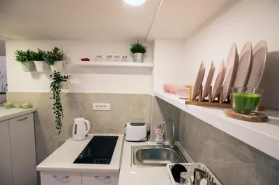 a small kitchen with a sink and a counter at KARIOKA apartman in Belgrade