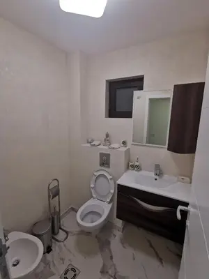 a bathroom with a toilet and a sink and a mirror at Excellent Time in Belgrade