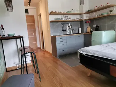 a small kitchen with a refrigerator and a counter at Wellport30 in Belgrade