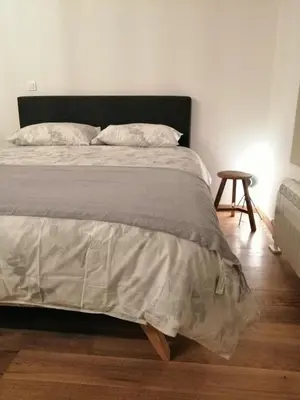 a bedroom with a large bed with a black headboard at Wellport30 in Belgrade