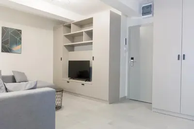 a living room with a couch and a television at Apartments Srbija Waterfront - FREE PARKING in Belgrade