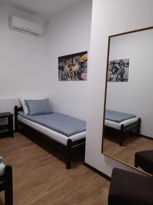 a mirror in a room with a futon and a mirror at BUDGET Apartment Artistika, 3 Bedrooms and 2 full Bathrooms in Belgrade