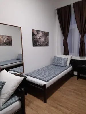 a room with a bed and a mirror and curtains at BUDGET Apartment Artistika, 3 Bedrooms and 2 full Bathrooms in Belgrade