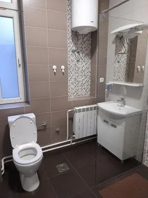 a bathroom with a toilet and a sink at BUDGET Apartment Artistika, 3 Bedrooms and 2 full Bathrooms in Belgrade