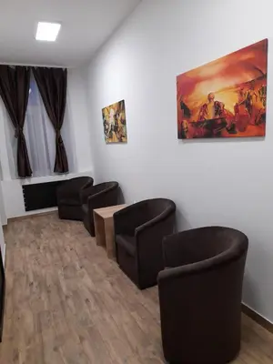 a waiting room with chairs and a painting on the wall at BUDGET Apartment Artistika, 3 Bedrooms and 2 full Bathrooms in Belgrade