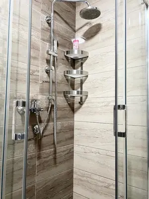 a shower with two sinks and a glass door at Zemunske kapije 2 Prizrenska in Novi Grad