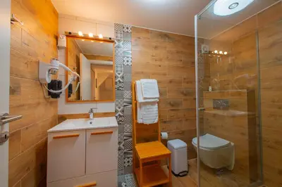 a bathroom with a shower and a sink and a toilet at Apartmani Maximilian in Čukarica