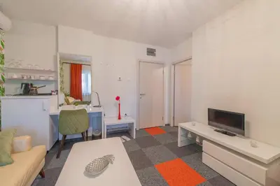 a living room with a couch a table and a television at Apartmani Maximilian in Čukarica
