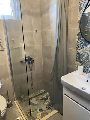 a bathroom with a shower and a sink at Family House in Krčedin