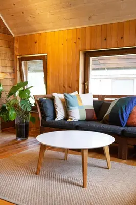 a living room with a couch and a coffee table at River house Vasa in Belgrade