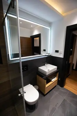 a bathroom with a toilet and a sink and a mirror at Hotel Borneo in Pančevo