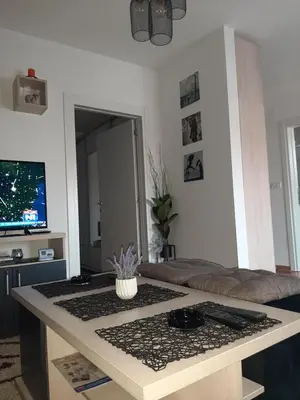 a living room with a table and a couch at Tanja 3 in Dušanovac (historical)