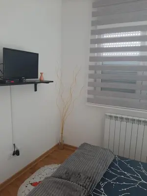 a bedroom with a bed and a tv and a window at Tanja 3 in Dušanovac (historical)