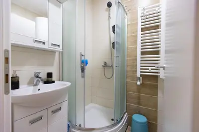 a bathroom with a shower and a sink at Apartment SELF CHECK IN 00-24 MM in Belgrade