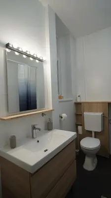 a bathroom with a sink and a toilet and a mirror at Yes Apartment, Belgrade Center in Belgrade