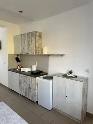 a kitchen with wooden cabinets and a white refrigerator at OMIS Rooms in Pančevo