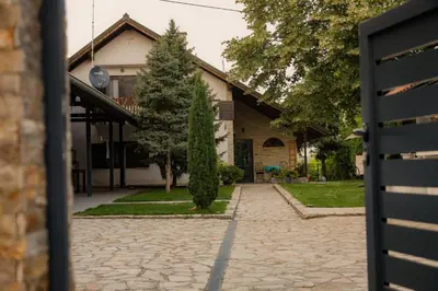 a house with a stone driveway in front of it at Vila Lio & Restaurant Devojacki Bunar in Novi Vladimirovac