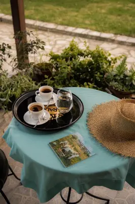 a table with two cups of coffee and a plate with two drinks at Vila Lio & Restaurant Devojacki Bunar in Novi Vladimirovac