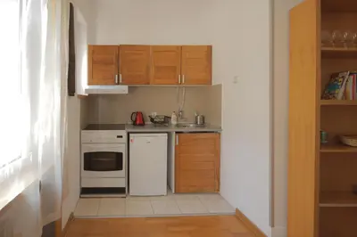 a small kitchen with white appliances and wooden cabinets at Apartman Obilic in Belgrade