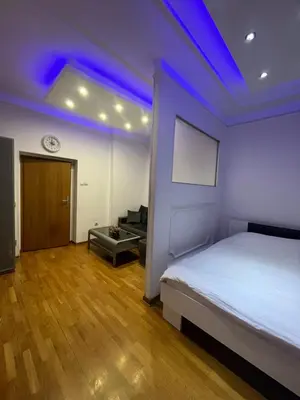 a bedroom with a bed with a blue ceiling at Apartman Obilic in Belgrade