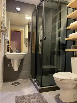a bathroom with a shower and a toilet and a sink at Apartman Ambasador in Pančevo