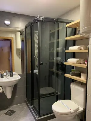 a bathroom with a shower and a toilet and a sink at Apartman Ambasador in Pančevo