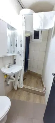 a bathroom with a shower and a sink and a toilet at City View in Belgrade