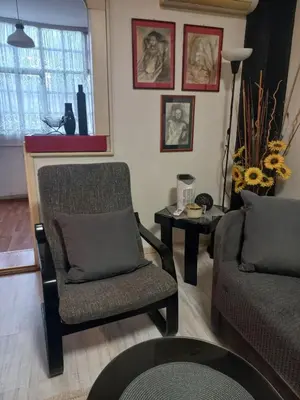 a living room with a couch and a chair and a table at Donji Grad in Belgrade