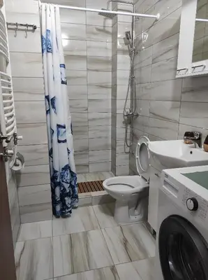 a bathroom with a toilet and a sink and a shower at Andrea Airport Apartments in Belgrade