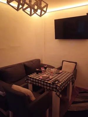 a living room with a table and a couch and a television at Apartman EN in Dušanovac (historical)
