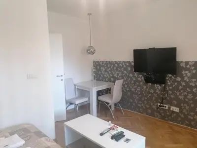 a living room with a table and a tv on a wall at Natasa in Zvezdara