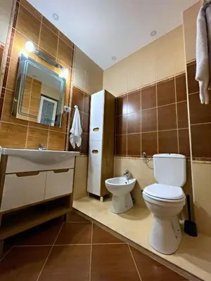 a bathroom with a toilet and a sink and a mirror at Allure of Belgrade (80m2-861ft2) in Belgrade