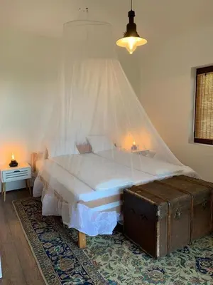 a bedroom with a bed with a canopy and a trunk at Talin Raj in Arandjelovac