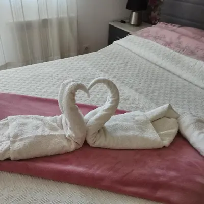 two towels shaped like swans sitting on a bed at Apartman GANA Altina , FREE PARKING in Novi Grad