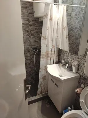 a bathroom with a sink and a shower curtain at Sasa's Apart in Vračar (historical)